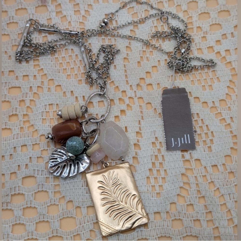 J. Jill Silver Belcher Chain with Gold Leaf Etched Pendant & Charms Necklace NWT